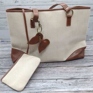 VTG Coldwater Creek Handbag Y2K Purse Tan W/Brown Faux Leather Trim & Coin Purse
